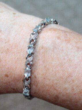 Signed FAS Silver Toned Light Blue Stone Tennis Bracelet
